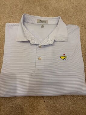 Masters Peter Millar White with Blue Stripe Polo and Embroidered Logo